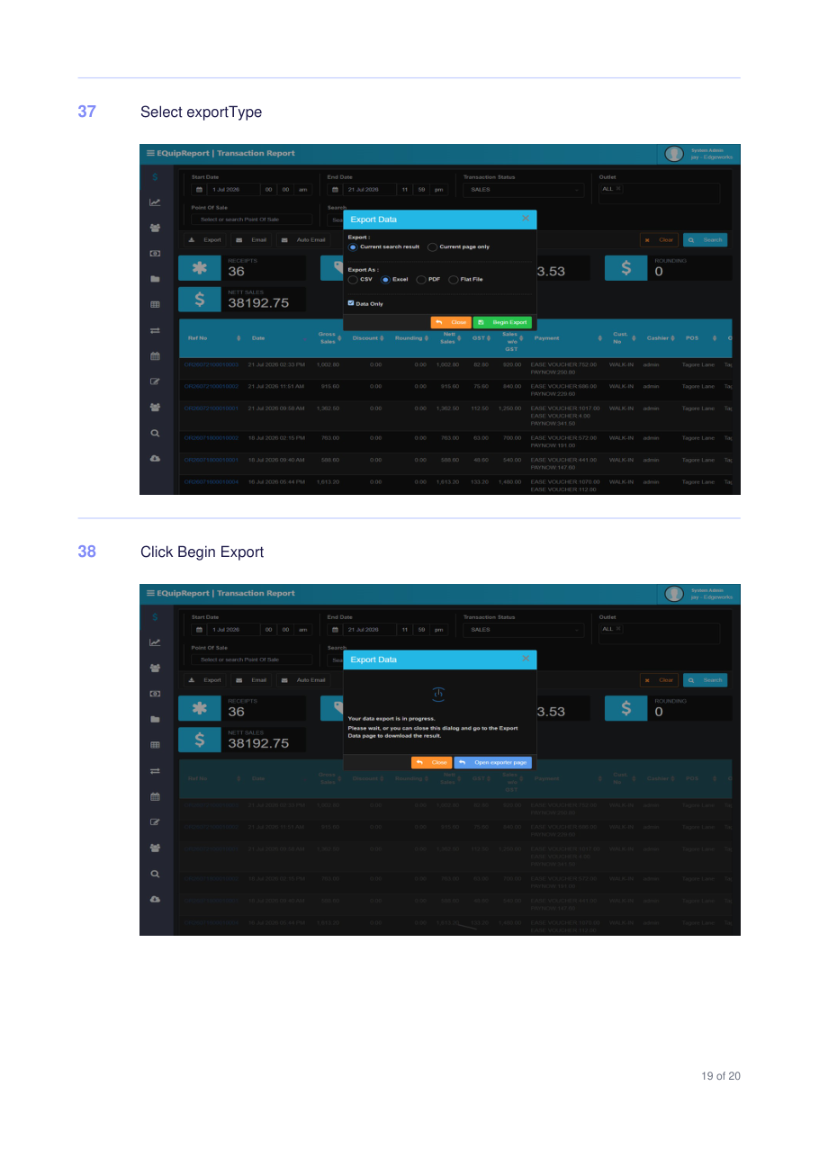 Click Begin Export; the export runs in the background