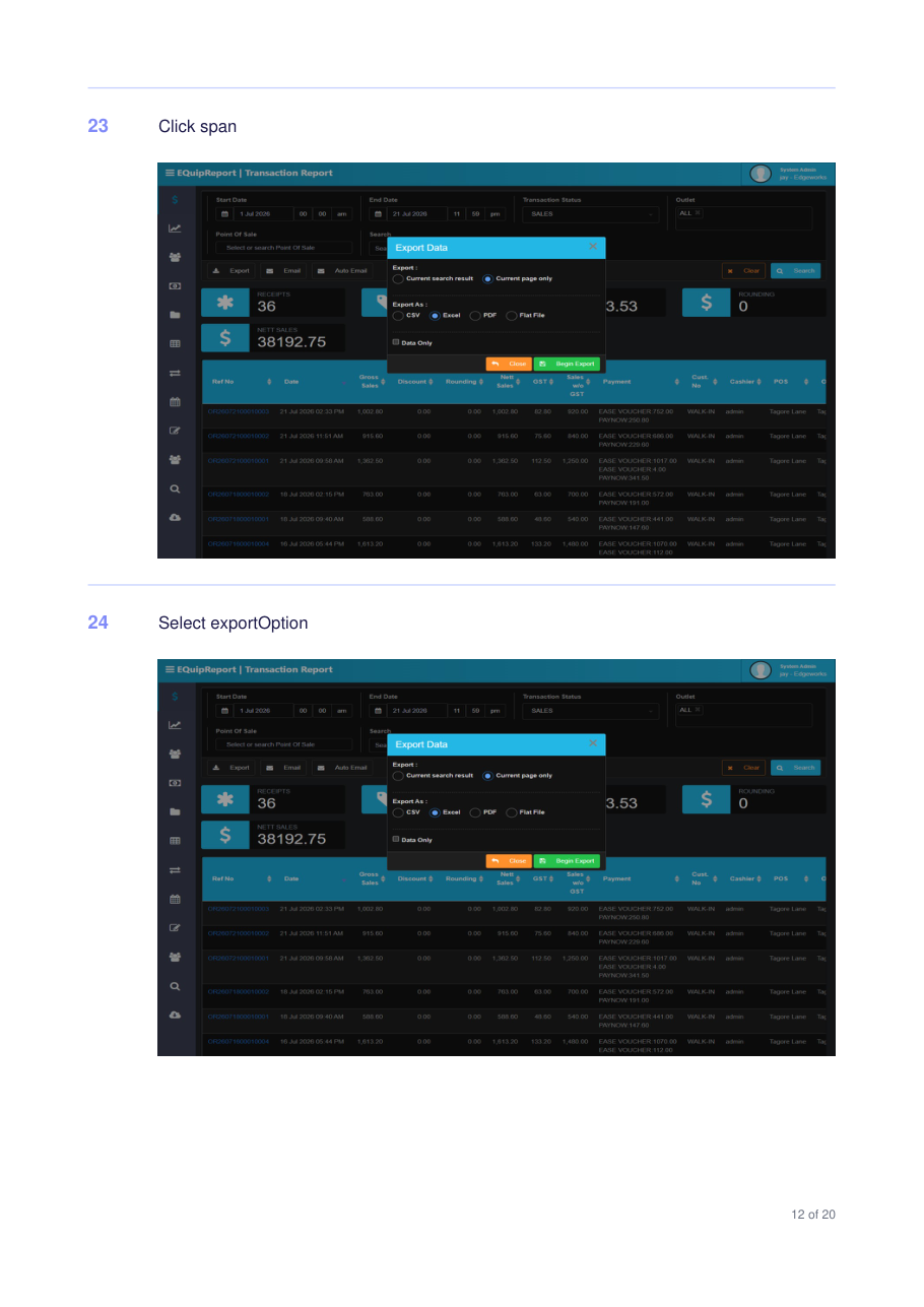 Choose export scope and format in the Export Data dialog